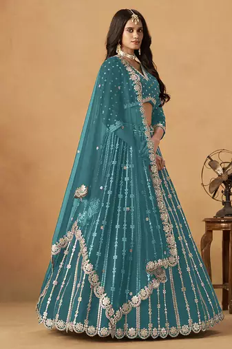 Embroidered Teal Blue Art silk blend Lehenga Choli