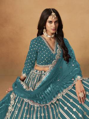 Embroidered Teal Blue Art silk blend Lehenga Choli 3