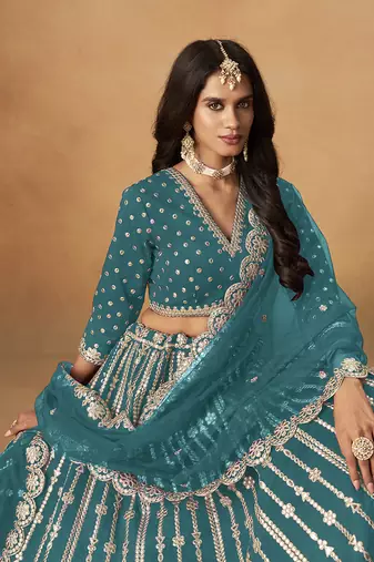 Embroidered Teal Blue Art silk blend Lehenga Choli