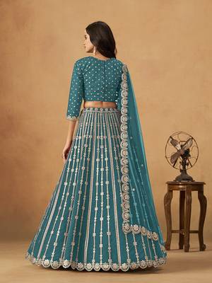 Embroidered Teal Blue Art silk blend Lehenga Choli 4