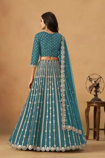 Embroidered Teal Blue Art silk blend Lehenga Choli