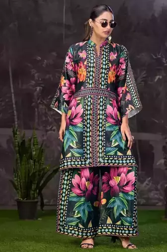 Black Pink Printed Turkish Modal Satin Silk Co-Ord Set