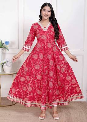  women's red jaipuri printed cotton ethnic anarkali kurta 1