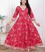 Doriyaan women's red jaipuri printed cotton ethnic anarkali kurta