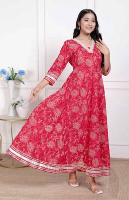  women's red jaipuri printed cotton ethnic anarkali kurta 3