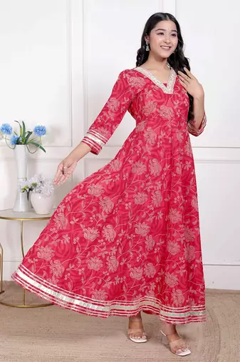  women's red jaipuri printed cotton ethnic anarkali kurta