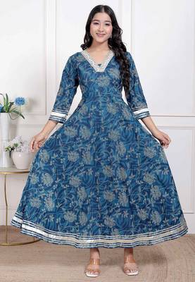  women's blue cotton embroidered neck anarkali kurta 1