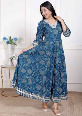  women's blue cotton embroidered neck anarkali kurta 3
