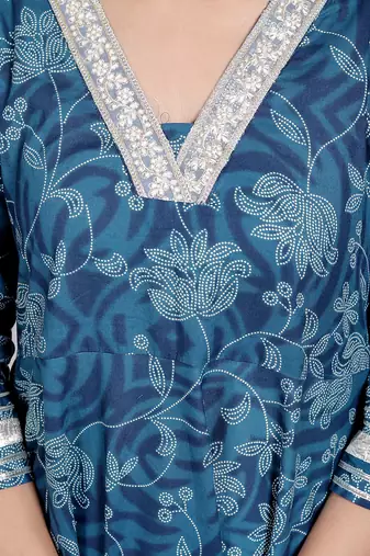  women's blue cotton embroidered neck anarkali kurta