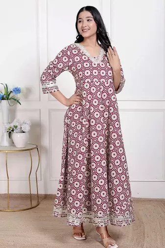  women's cream embroidered cotton  anarkali kurta  