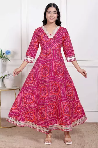 Doriyaan women's pink cotton bandhani ethnic anarkali kurta