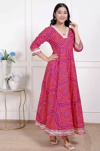  women's pink cotton bandhani ethnic anarkali kurta