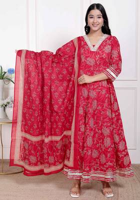  women's red embroidered anarkali kurta and dupatta   1