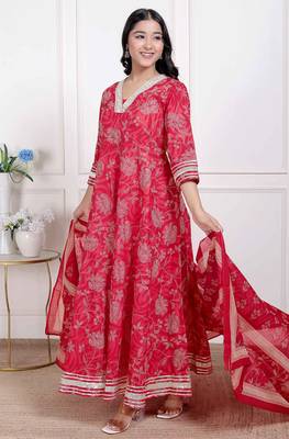  women's red embroidered anarkali kurta and dupatta   3