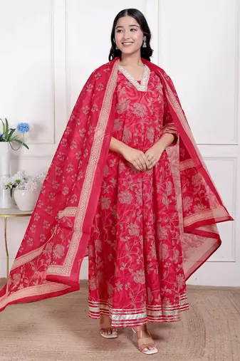  women's red embroidered anarkali kurta and dupatta  