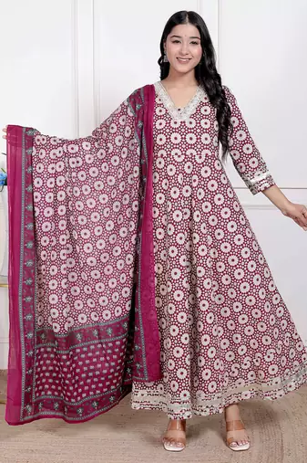Doriyaan women's cream embroidered cotton anarkali kurta and dupatta