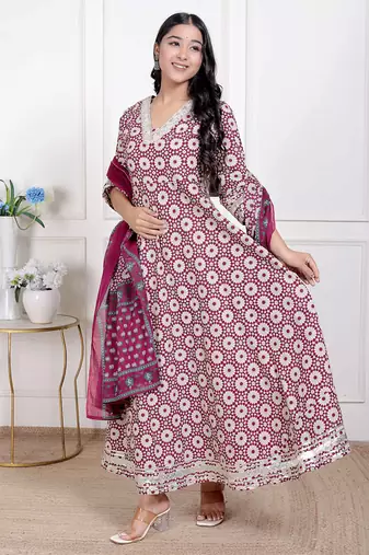 women's cream embroidered cotton anarkali kurta and dupatta