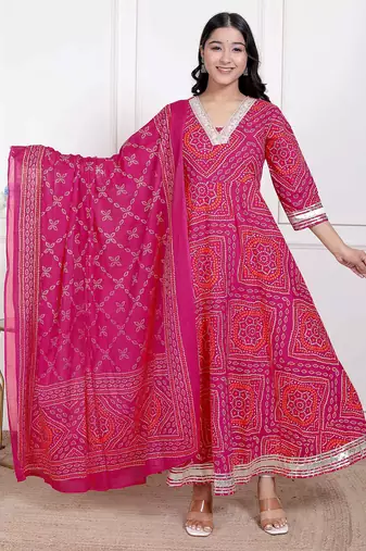 Doriyaan women's bandhani ethnic anarkali kurta  and dupatta