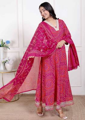  women's bandhani ethnic anarkali kurta  and dupatta 2