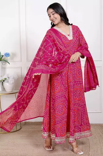  women's bandhani ethnic anarkali kurta  and dupatta