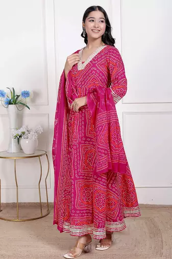  women's bandhani ethnic anarkali kurta  and dupatta