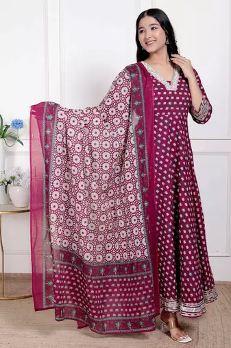  women's maroon embroidered anarkali kurta and dupatta