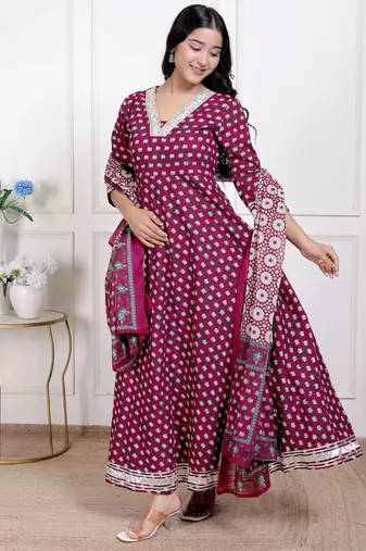  women's maroon embroidered anarkali kurta and dupatta