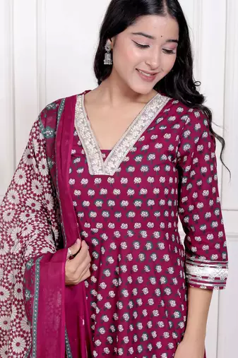 women's maroon embroidered anarkali kurta and dupatta