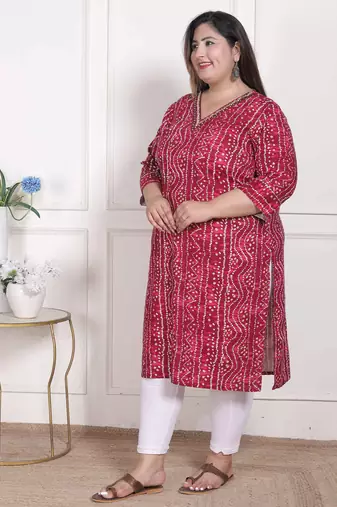  womens plus size bandhej printed rayon kurta magenta