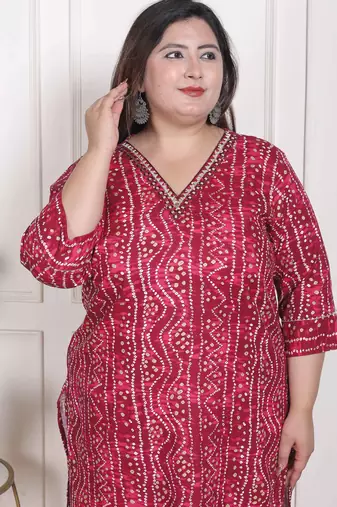  womens plus size bandhej printed rayon kurta magenta