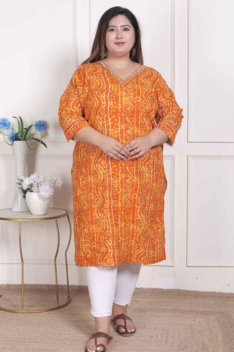 Doriyaan womens plus size yellow bandhani printed straight kurta