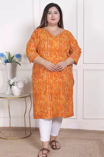 Doriyaan womens plus size yellow bandhani printed straight kurta