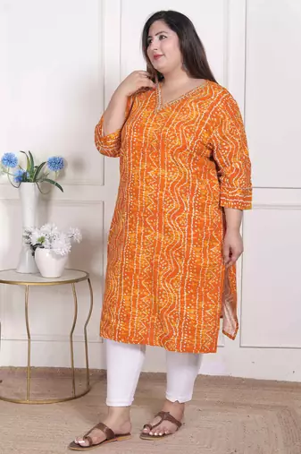  womens plus size yellow bandhani printed straight kurta