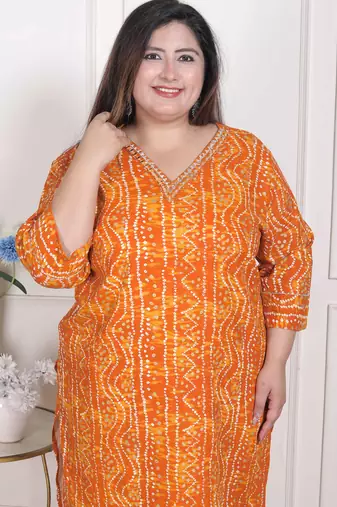  womens plus size yellow bandhani printed straight kurta