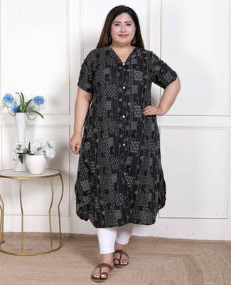  womens plus size pure cotton black floral printed front button a-line kurta 1