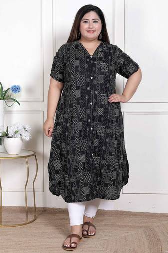 Doriyaan womens plus size pure cotton black floral printed front button a-line kurta