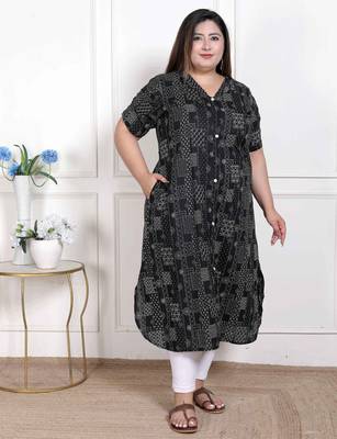  womens plus size pure cotton black floral printed front button a-line kurta 2