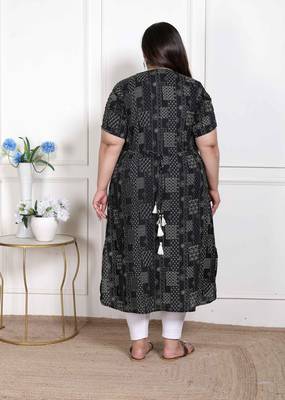  womens plus size pure cotton black floral printed front button a-line kurta 4