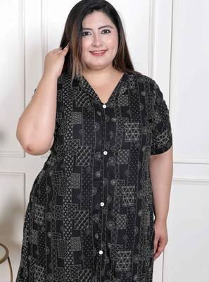  womens plus size pure cotton black floral printed front button a-line kurta 5