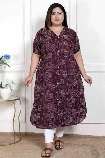 Doriyaan womens plus size wine mandarin neck floral printed a-line party wear kurta