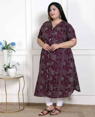  womens plus size wine mandarin neck floral printed a-line party wear kurta 3
