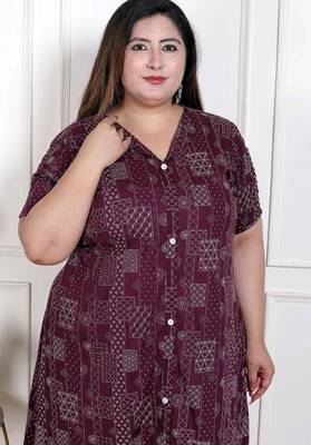  womens plus size wine mandarin neck floral printed a-line party wear kurta 4