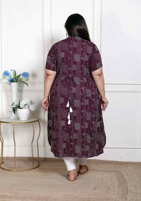  womens plus size wine mandarin neck floral printed a-line party wear kurta 5