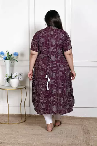  womens plus size wine mandarin neck floral printed a-line party wear kurta