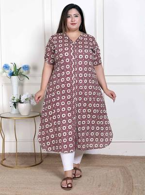  womens plus size cotton floral printed cream a-line kurta with buttons 1