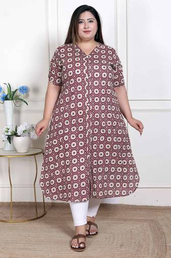 Doriyaan womens plus size cotton floral printed cream a-line kurta with buttons