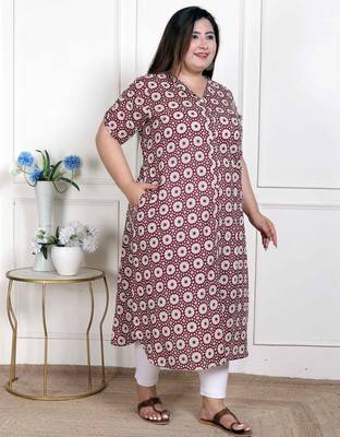  womens plus size cotton floral printed cream a-line kurta with buttons 2