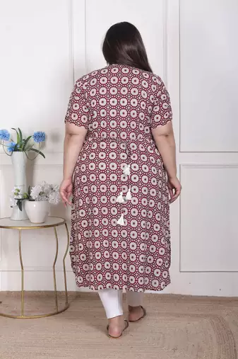  womens plus size cotton floral printed cream a-line kurta with buttons