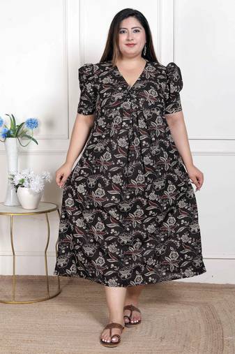 Plus size multicolored pleated puff sleeve floral pure cotton butterfly maxi dress