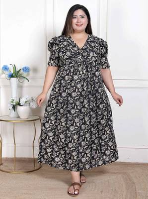 Plus size pleated puff sleeve floral pure cotton black and white butterfly maxi dress 1